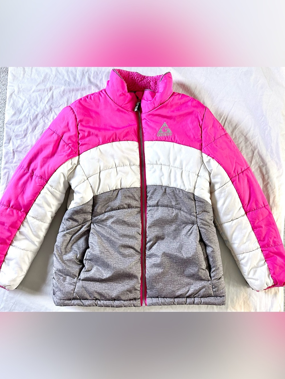 Gerry Girls Puffer Jacket Size 10/12 Pink White Gray Colorblock Sherpa Lined